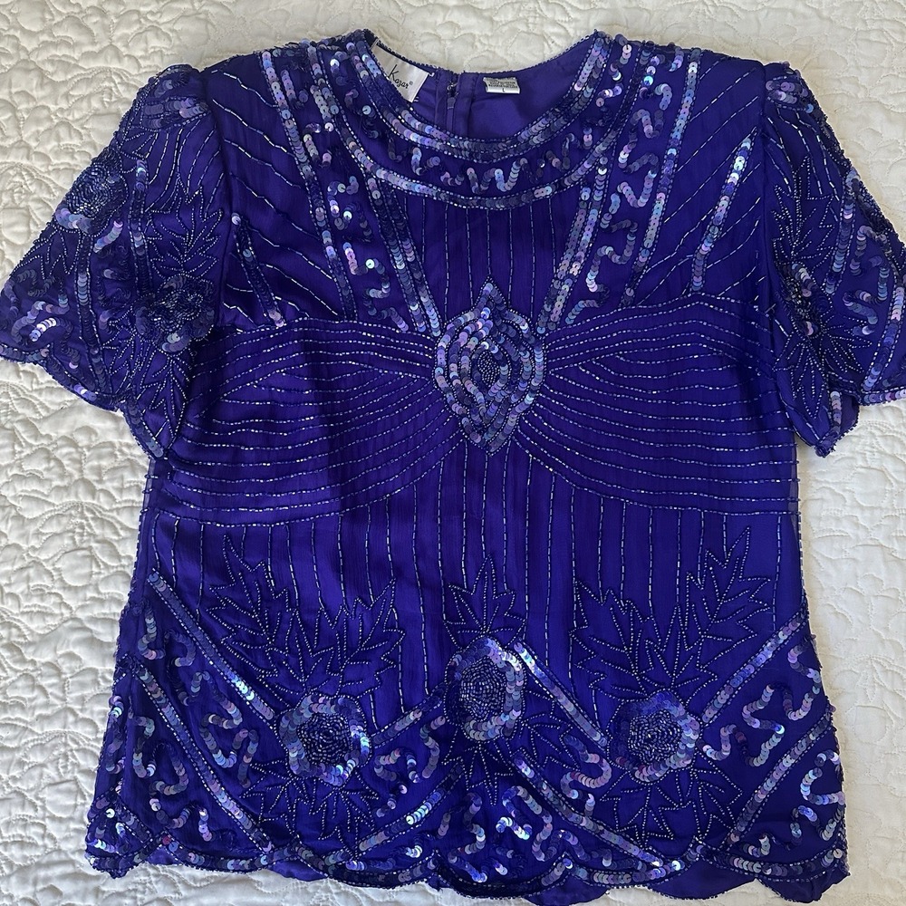 Vintage Laurence Kazar Beaded Sequin Silk Purple Top Women's Large Evening Wear